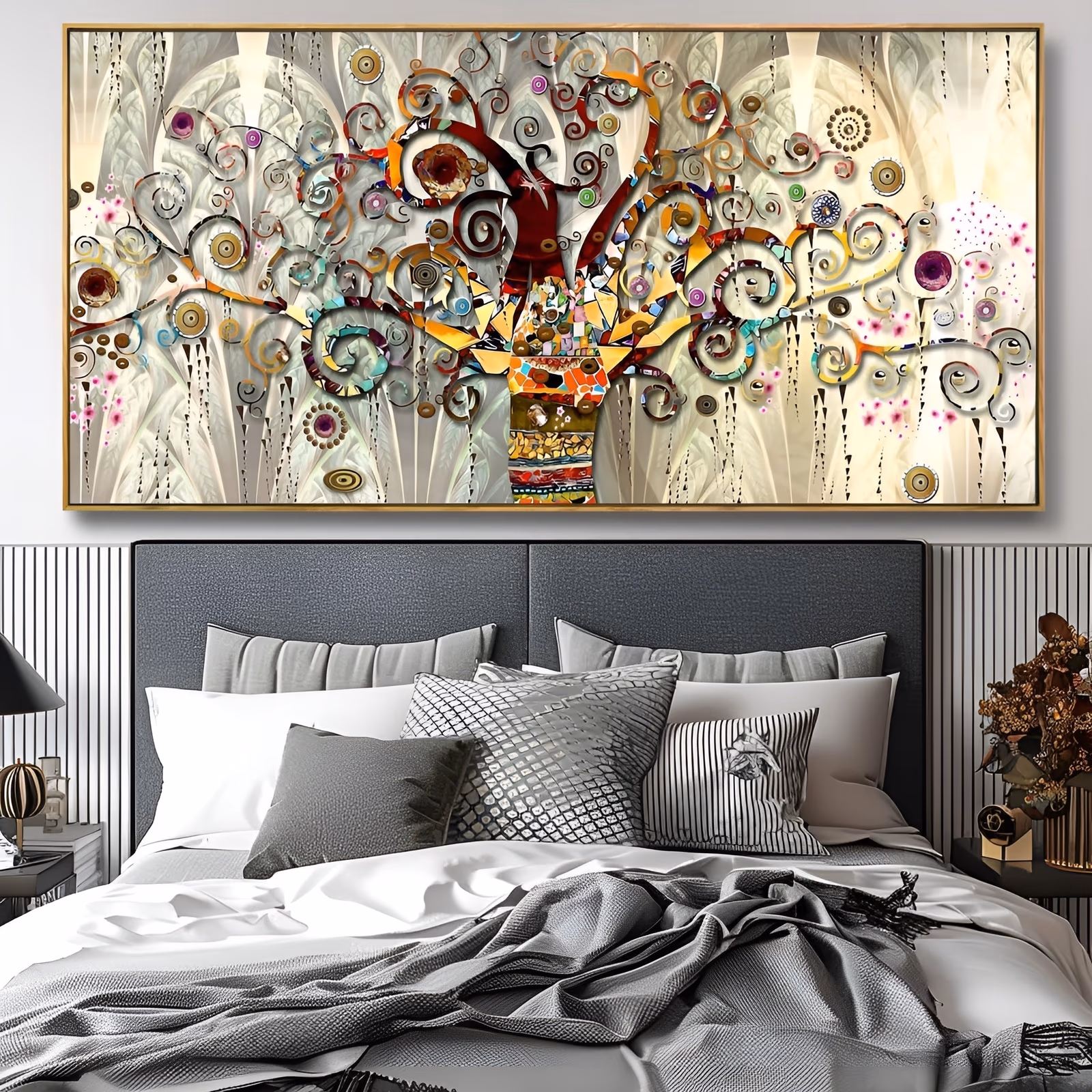 a large panoramic painting of a stylized tree of life with spiraling gold, amber and red branches and a mosaic tile trunk, on a cream ground of feathered white leaves dotted with pink blossoms, in flat detailed paint