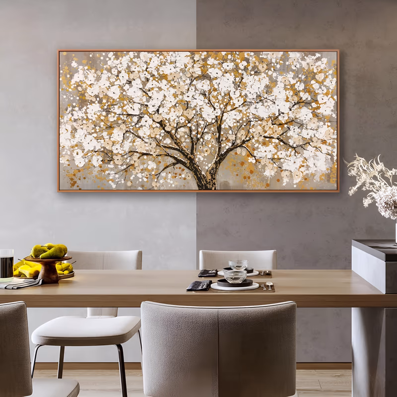 a wide panoramic impressionist painting of a spreading blossom tree, dark brown branches carrying thick white and cream petal dabs with scattered gold and ocher dots on a soft gray ground, hand-painted in oil