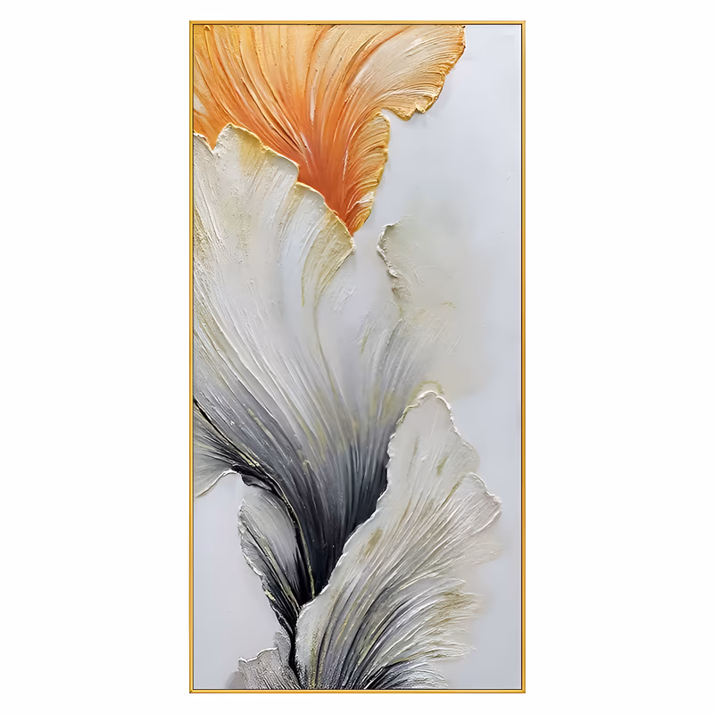 a tall narrow relief painting of layered fan-shaped petals in ivory, gray and gold with a single orange petal at the top, ridged like feathers on a plain white ground, in sculpted plaster and paint