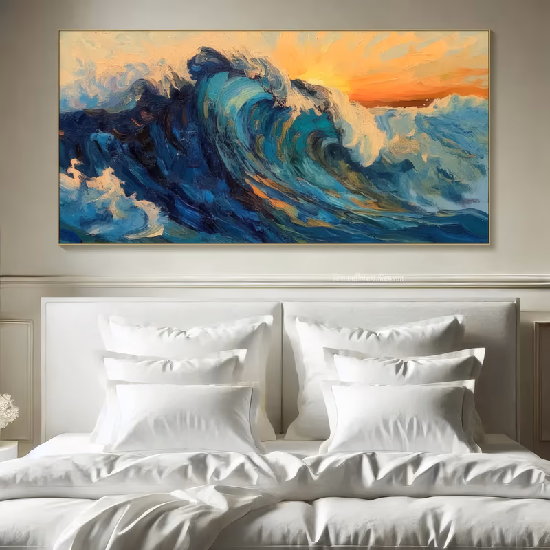 a wide panoramic painting of a large teal and deep blue wave curling to the left with white foam, set against a burnt orange sunset sky, in heavy sculpted impasto