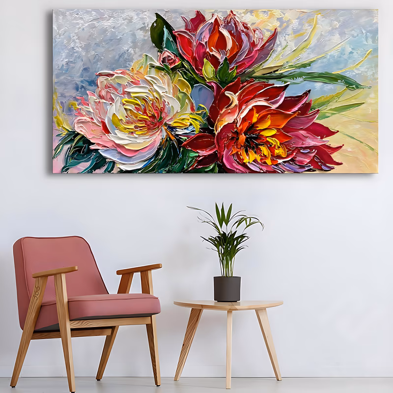 a large horizontal colorful floral painting of three peony blooms in crimson red and pale pink with yellow centers and dark green leaves against a mottled pale blue and cream ground, in heavy palette-knife impasto