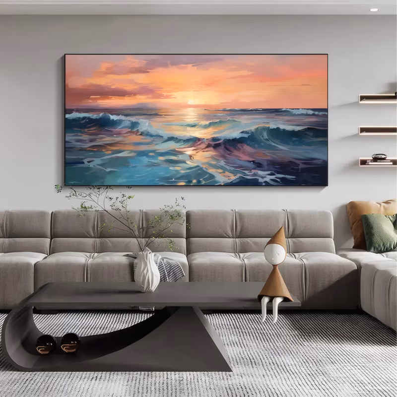 a large panoramic impressionist canvas of rolling teal ocean waves breaking in the foreground under a coral pink and orange sunset sky, with a low gold sun on the horizon, in thick palette-knife oil