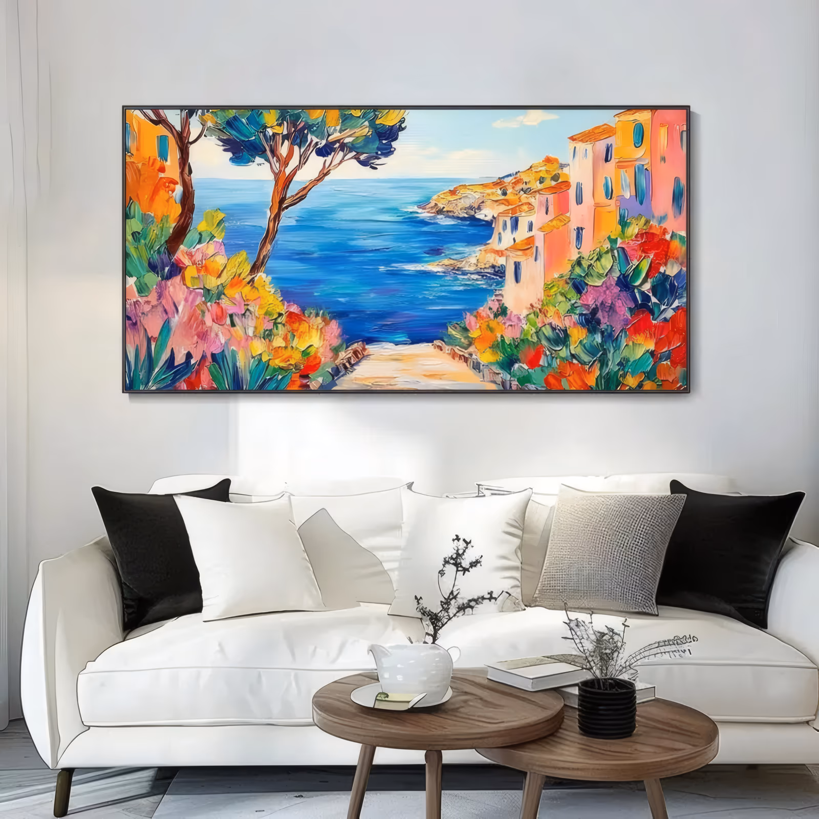 a large panoramic impressionist painting of a mediterranean coast with a pine tree at left, coral houses on the right cliff above deep blue water, orange flowering shrubs in the foreground, in thick palette-knife oil