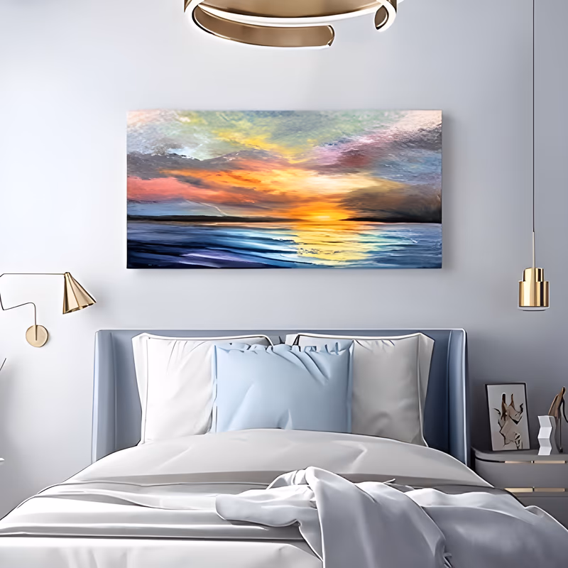 a wide panoramic impressionist painting of a gold sun sinking behind a dark shoreline, with pink, violet and blue-gray clouds spread above and the sun trail broken over calm layered water, in blended oil