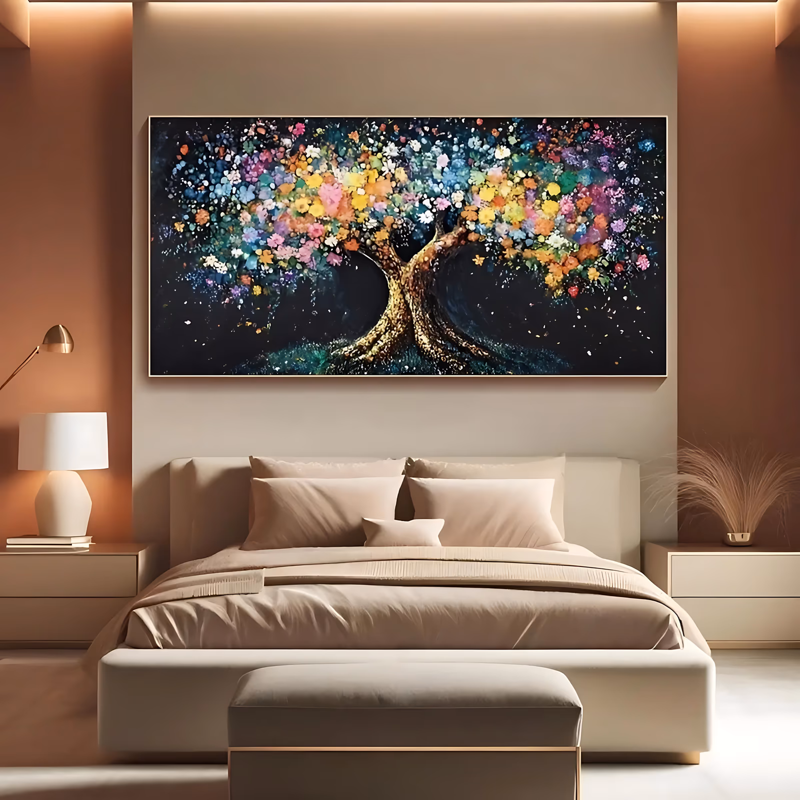 a large panoramic impasto painting of a tree with a gold trunk at the center, its canopy scattered with pink, blue, yellow and white blossoms and falling petals on a deep black ground, in thick relief paint