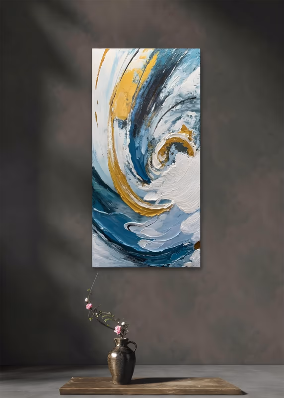 a tall vertical abstract painting of a curling wave swirl that spirals in from the top right, built in teal, white and mustard gold with a dark blue edge, in heavy palette-knife impasto