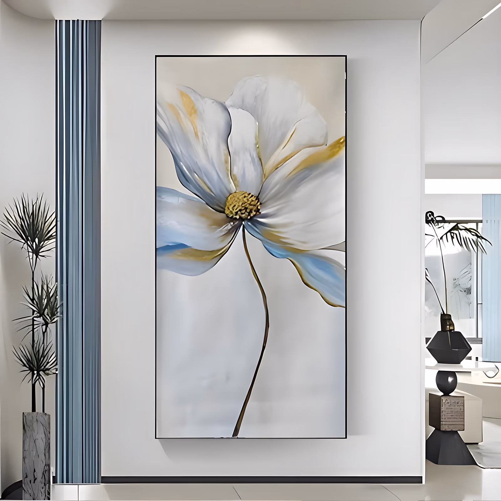 a tall vertical painting of one large white flower with pale blue and gold-streaked petals and a golden seed center, its slim olive stem curving down the lower half of a soft cream ground, in blended oil