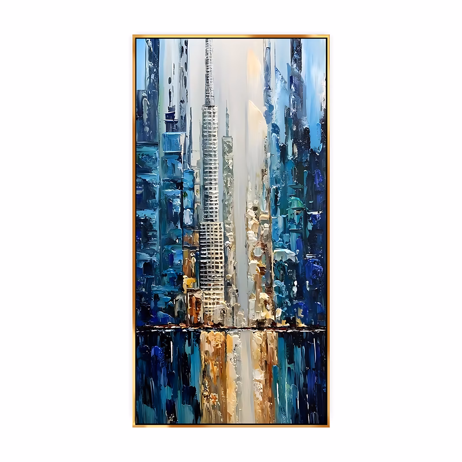 a tall narrow palette-knife painting of a blue and teal city skyline with a pale spired tower at the center, its cream and gold reflection filling the lower third, in thick ridged oil