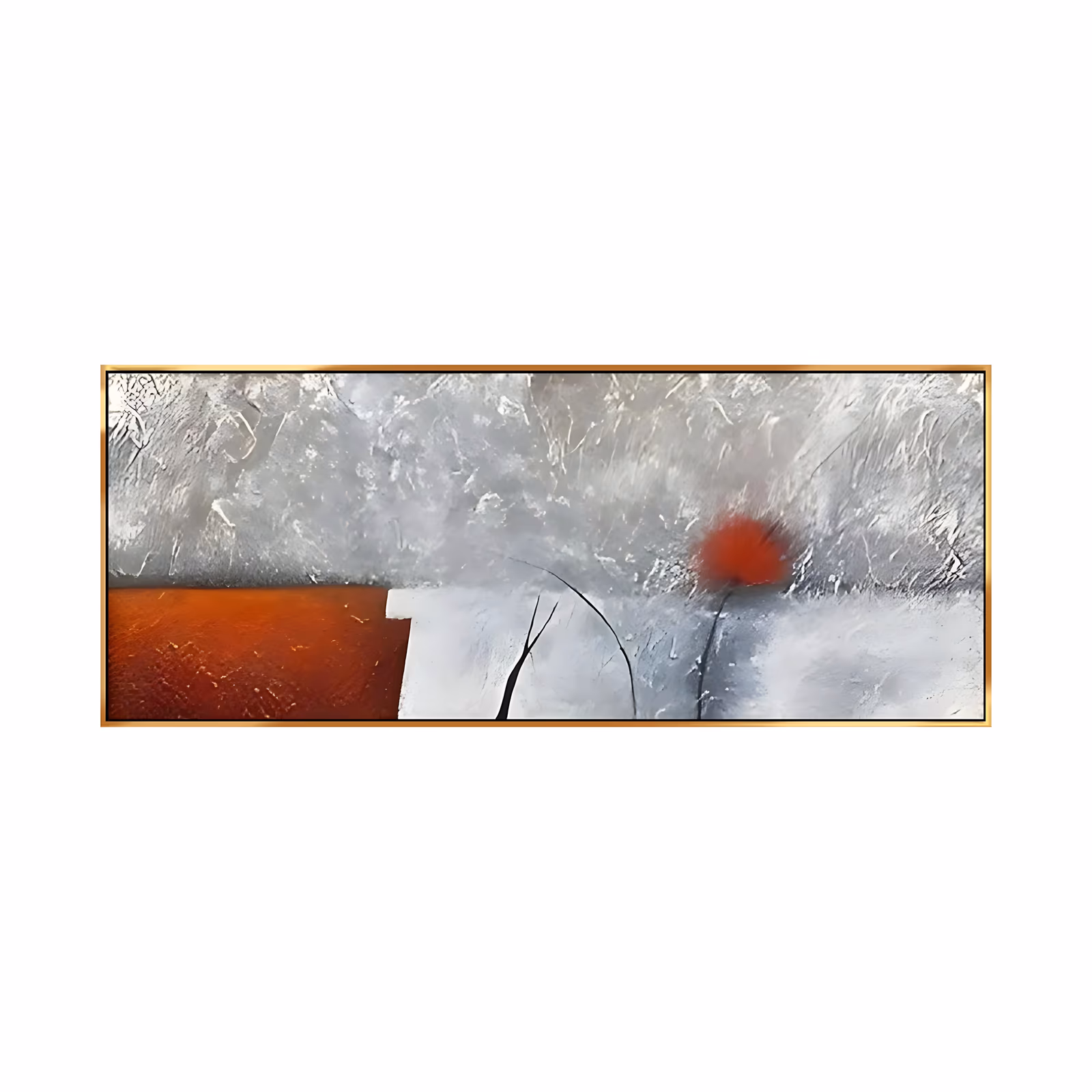 a panoramic textured painting of a silver gray troweled plaster field with a rust orange block low on the left and a single red bloom on a thin black stem right of center, in heavy impasto