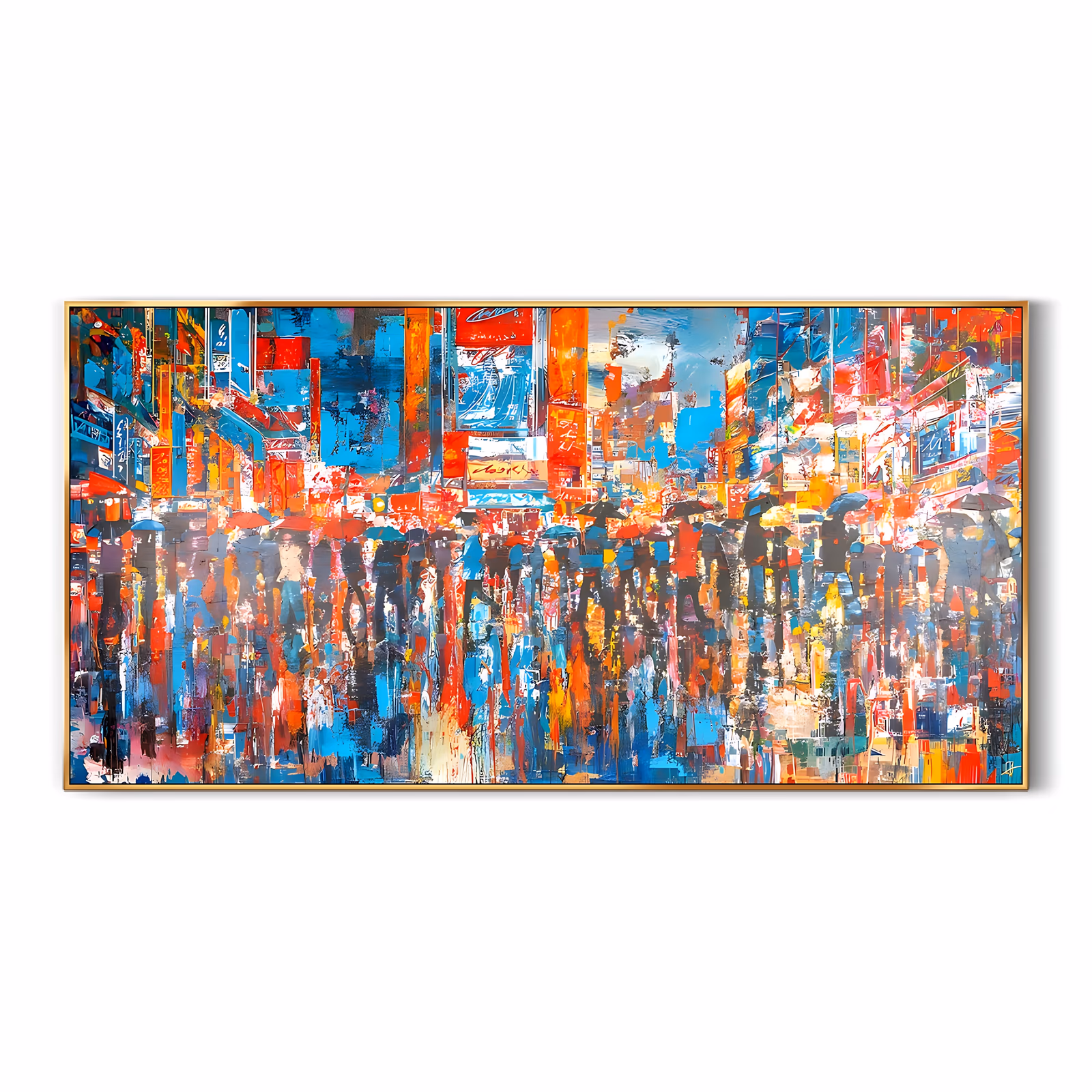 a large panoramic impressionist canvas of a dense crowd under dark umbrellas filling the lower half, walking beneath red, blue and orange neon signs, with wet reflections below, in thick palette-knife acrylic