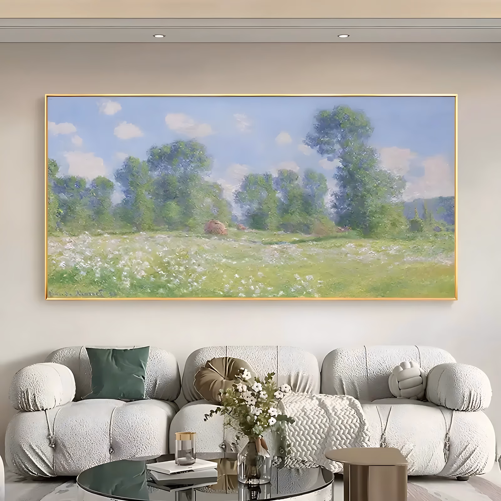 a wide panoramic impressionist painting of a flowering spring meadow with a row of poplar trees on the horizon, a small haystack at the center and white clouds in a soft blue sky, in fine hand-painted oil