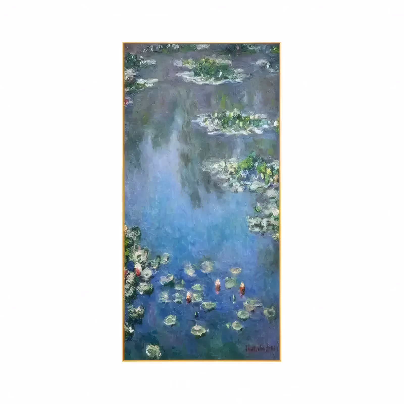 a tall narrow impressionist canvas painting of a shaded lily pond, clusters of green and white pads floating on deep blue-green water with faint red buds, worked in soft broken brushwork