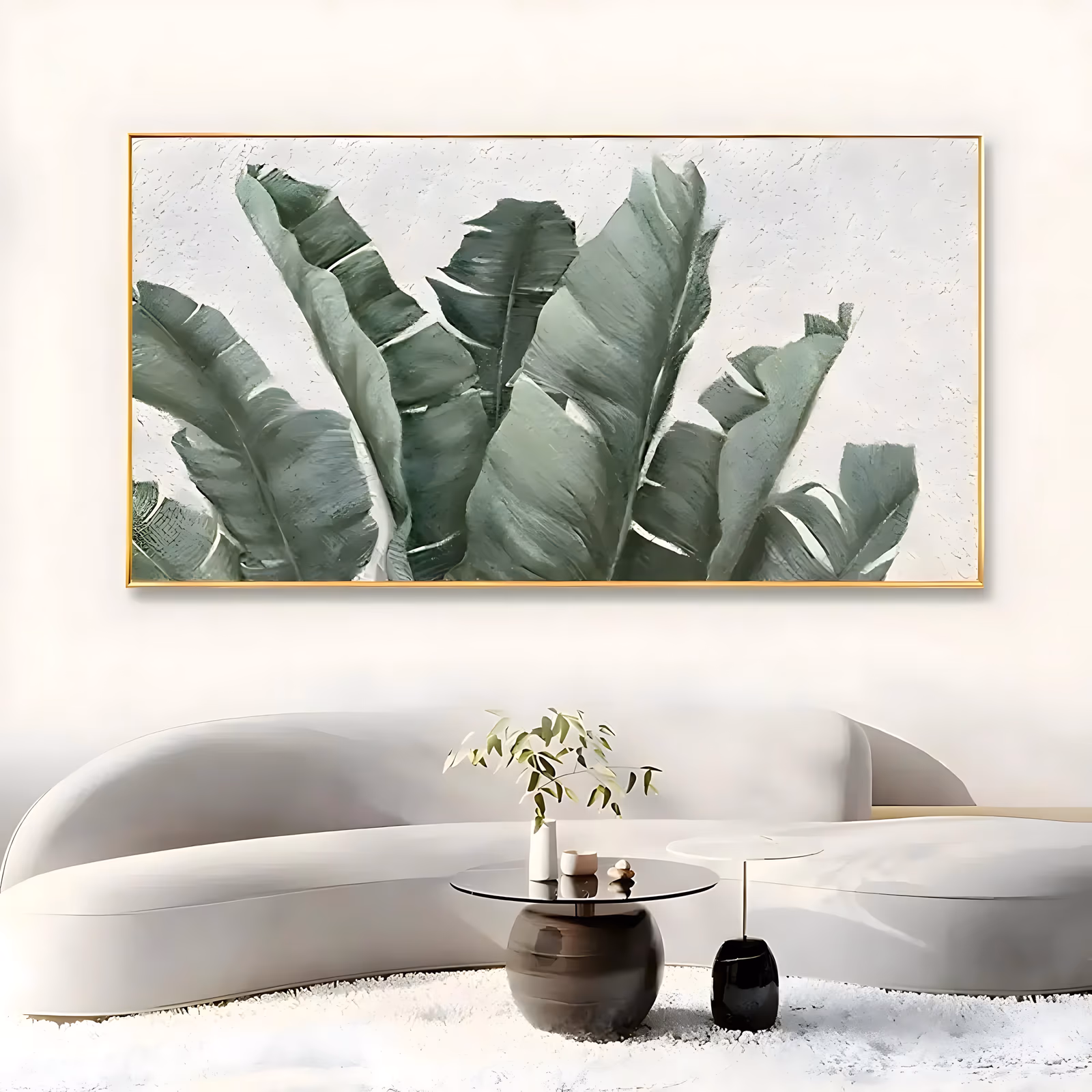 an oversized panoramic textured botanical painting of six sage green banana leaves rising from the lower edge against a rough white plaster ground, brushed and knifed in soft matte green