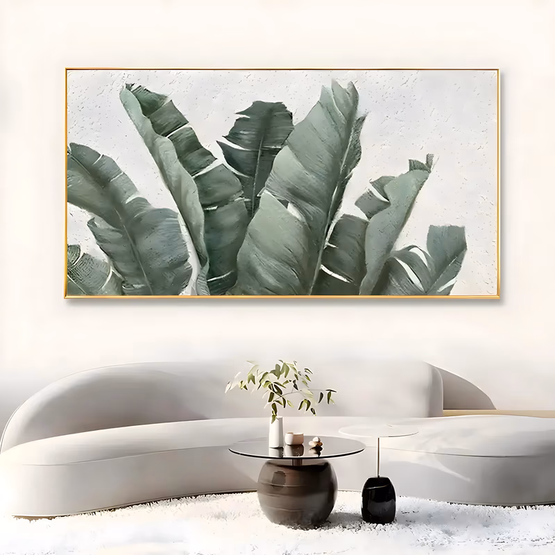 an oversized panoramic textured botanical painting of six sage green banana leaves rising from the lower edge against a rough white plaster ground, brushed and knifed in soft matte green