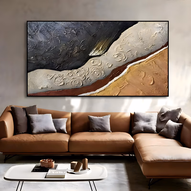a wide panoramic impasto painting of a cream white ridge running diagonally between a charcoal gray field above and an ochre gold field below, with a rust red seam and thick curled knife strokes