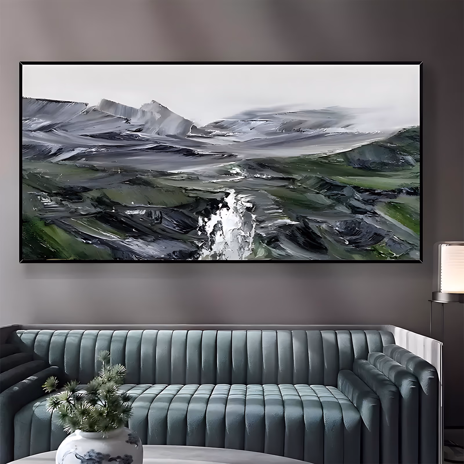 a wide panoramic impressionist painting of a white river running down the middle of dark green hills, with grey and white glacier peaks rising behind under a pale sky, built in heavy impasto ridges