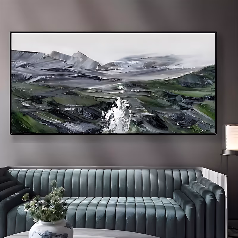 a wide panoramic impressionist painting of a white river running down the middle of dark green hills, with grey and white glacier peaks rising behind under a pale sky, built in heavy impasto ridges