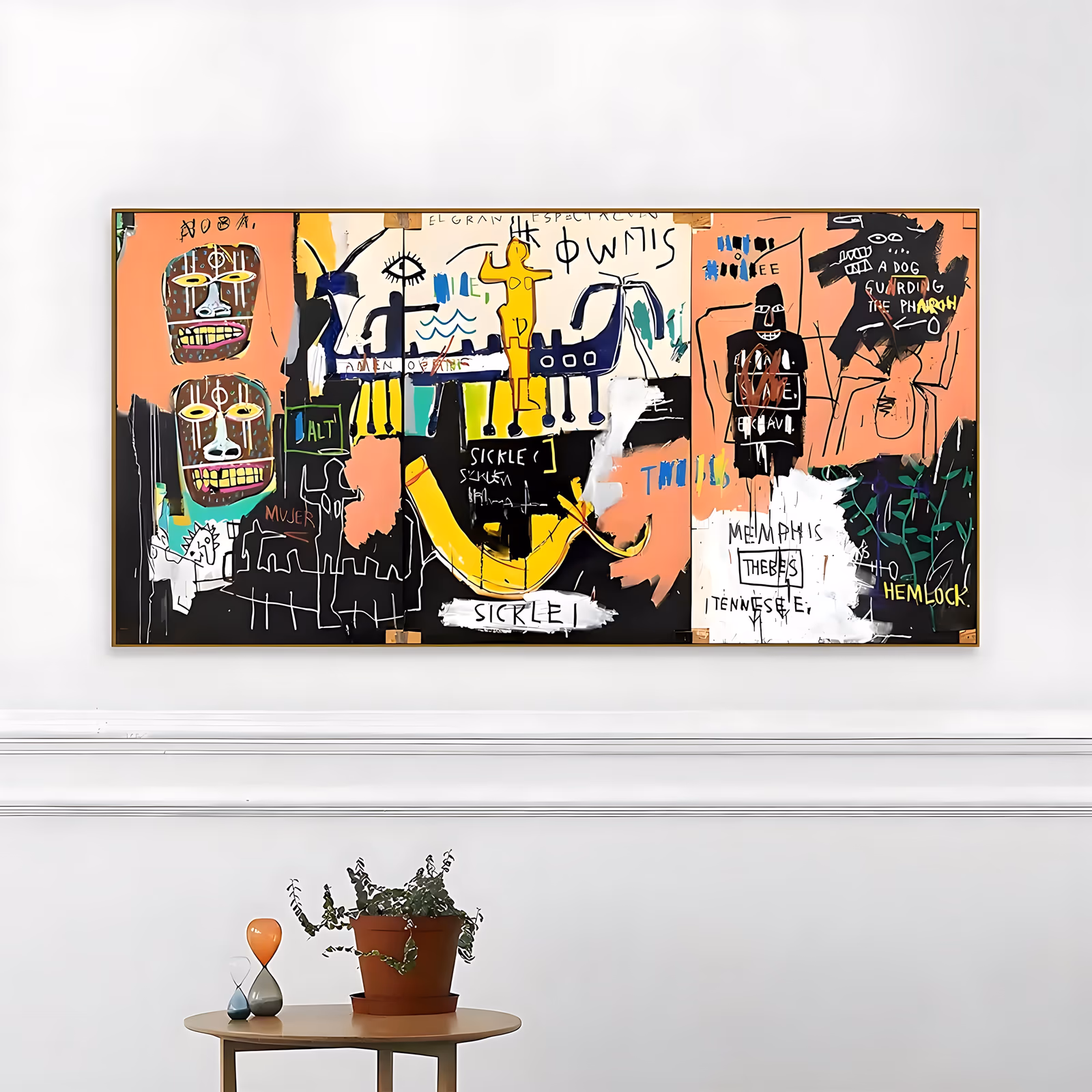 a wide panoramic neo-expressionist painting of tribal masks, crowned figures, a yellow boat and scrawled words on a peach and black ground, with white, yellow and blue marks, in flat hand-painted acrylic