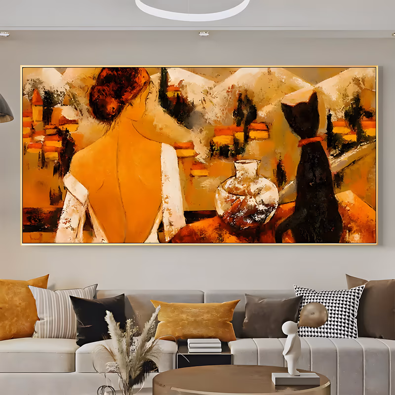 a wide panoramic impressionist painting of a woman seen from behind with an auburn updo and white shawl, a pale ceramic jug beside her and a black cat in a red collar on the right, in warm ochre and orange oil