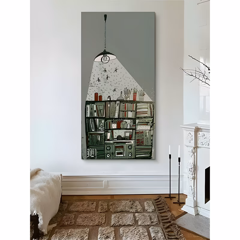 a tall narrow illustrated canvas of a crowded sage green and gray bookshelf full of books, speakers and jars, lit from above by a hanging lamp with dozens of small moths swarming its cone of white light