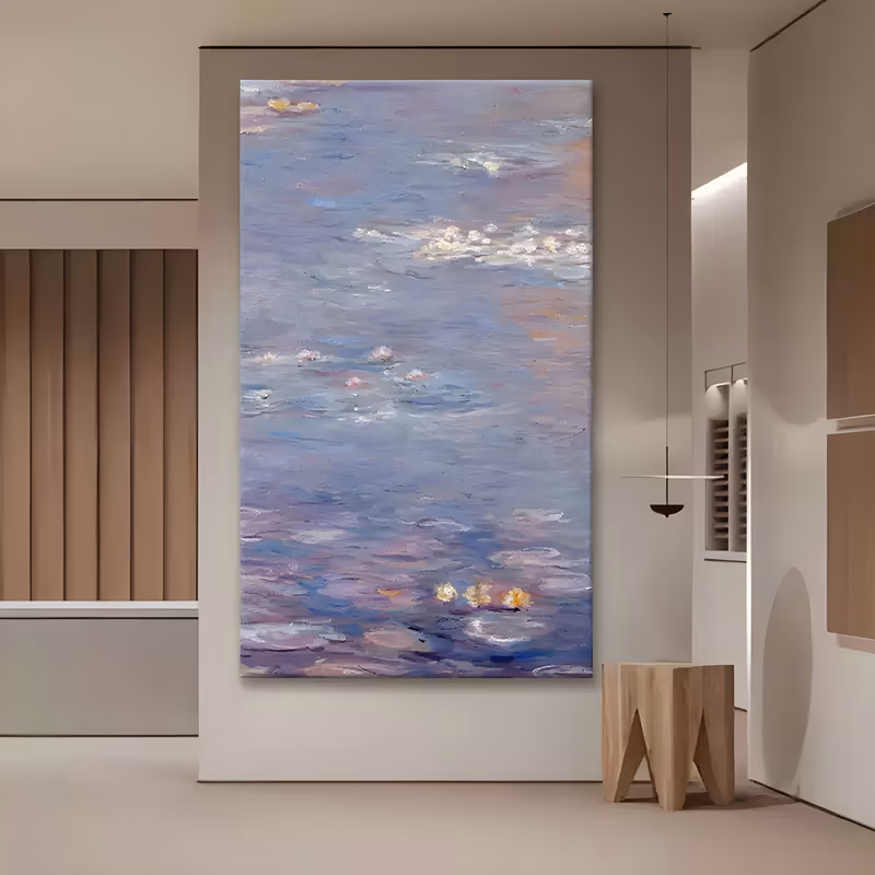 a large vertical impressionist painting of pale water lilies drifting on lavender and blue water, with pink and peach light on the ripples and small cream blooms in the lower third, in soft blended impasto