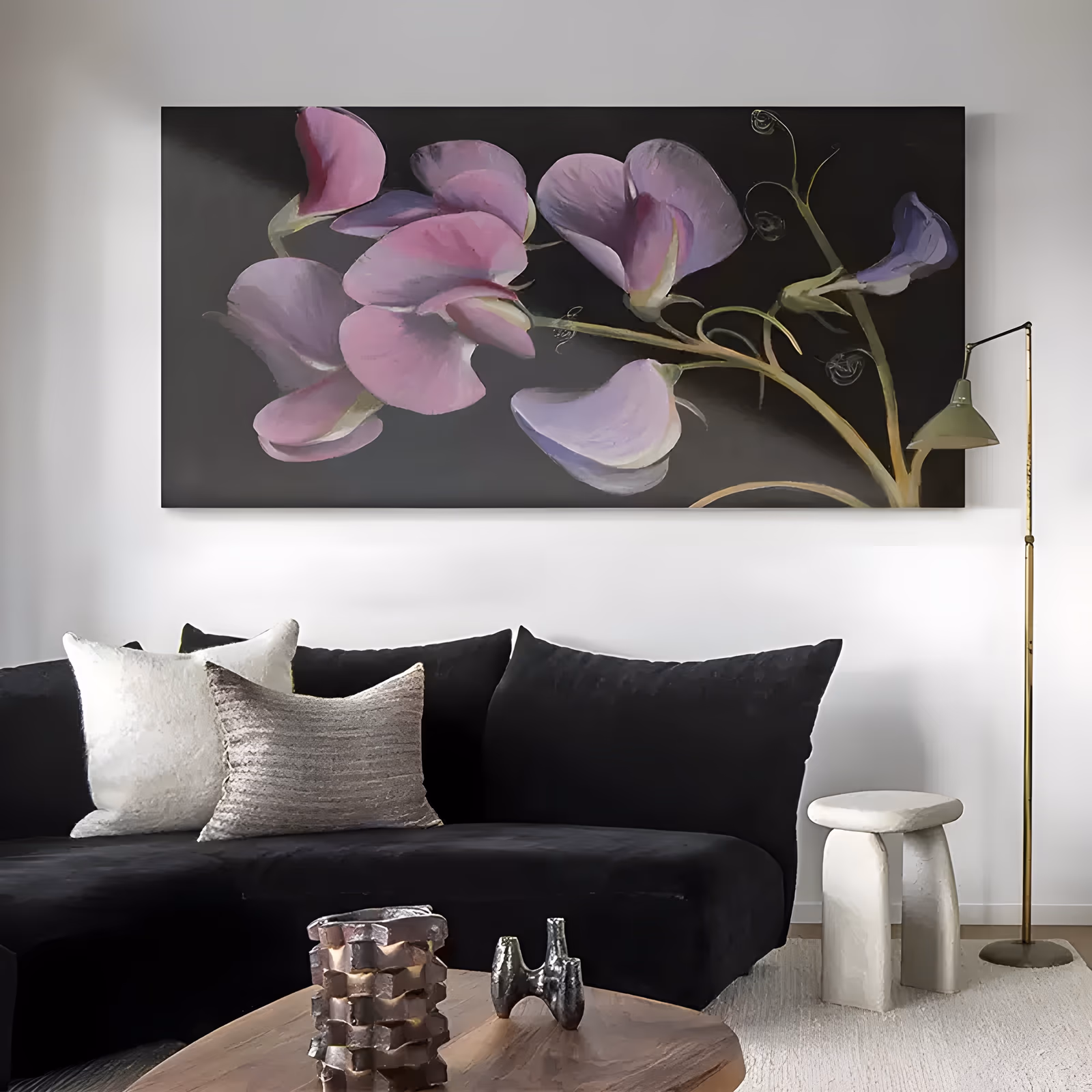 a wide panoramic realist floral painting of pink and lilac sweet pea blooms opening at the left on pale green stems with curling tendrils running to the right, all on a near-black charcoal ground, in soft blended oil