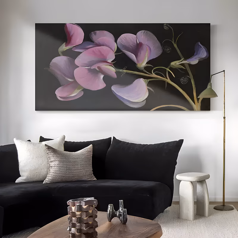 a wide panoramic realist floral painting of pink and lilac sweet pea blooms opening at the left on pale green stems with curling tendrils running to the right, all on a near-black charcoal ground, in soft blended oil