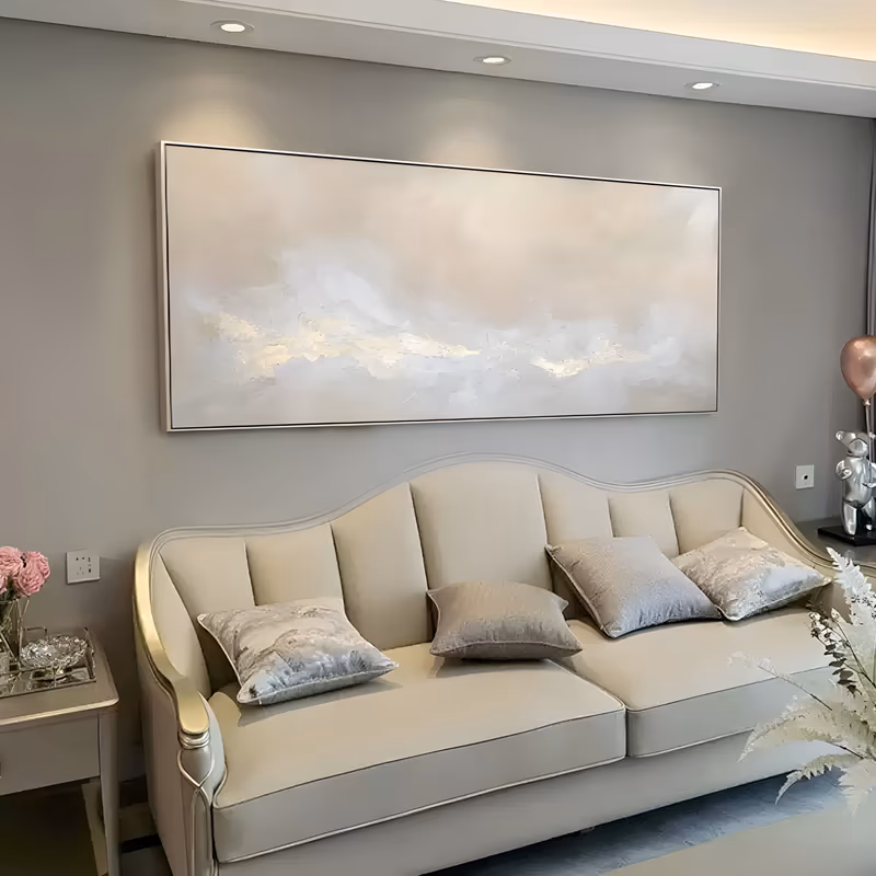 a wide panoramic abstract painting of a soft ivory and greige cloud band drifting along the middle of the canvas, lit from within by pale gold, built in thick impasto ridges