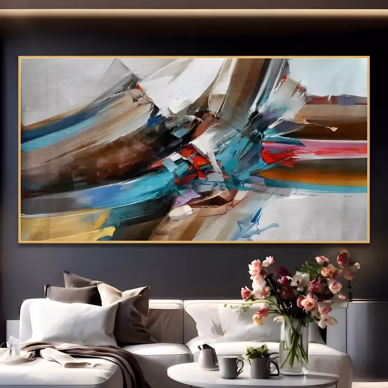 a wide panoramic abstract painting of sweeping blades of teal, red, brown and ochre driving toward a bright white center from both sides, in thick palette-knife oil