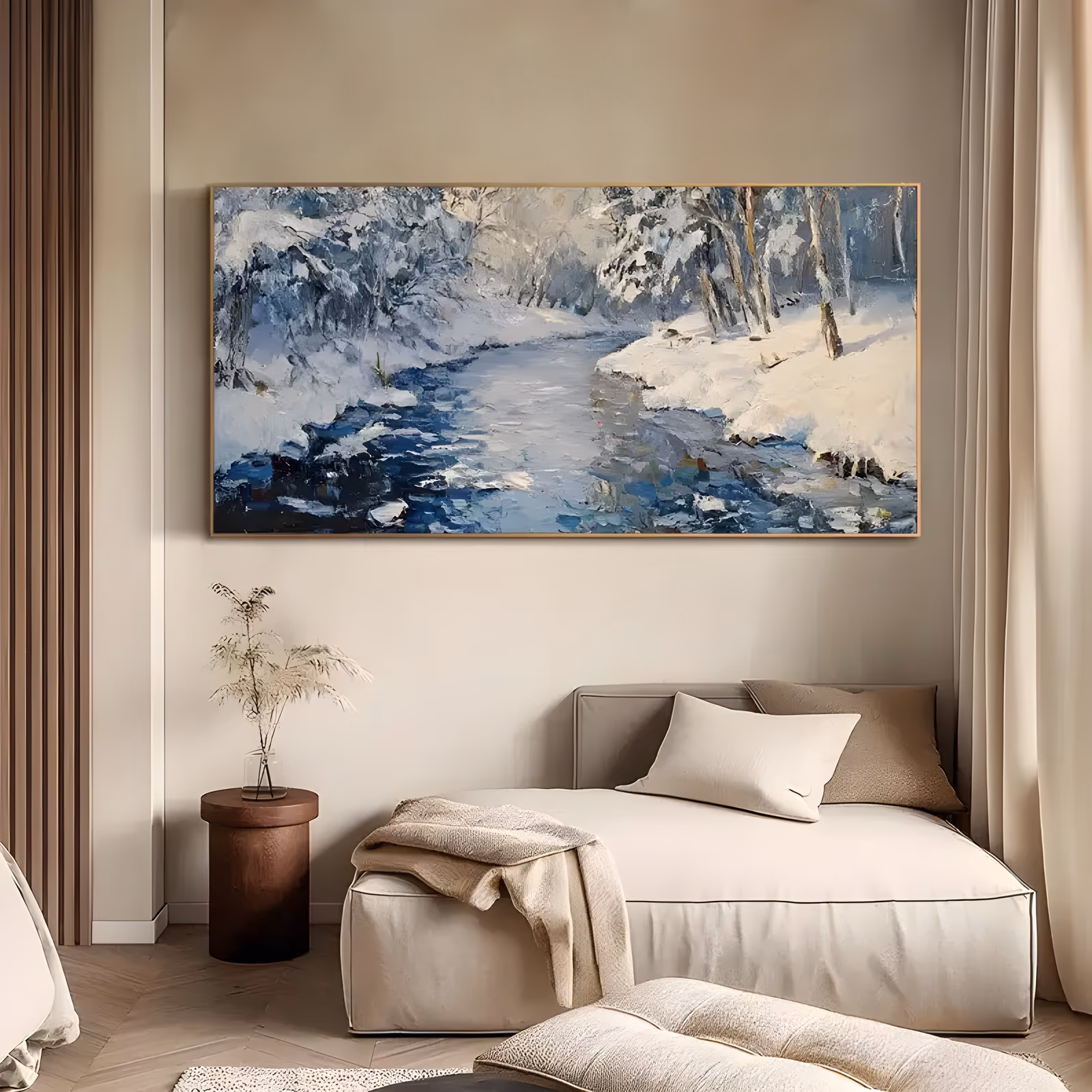 a wide panoramic impressionist winter painting of a dark blue stream curving through snow-laden trees, thick white banks on both sides and navy water in the foreground, in crusted knife-applied paint