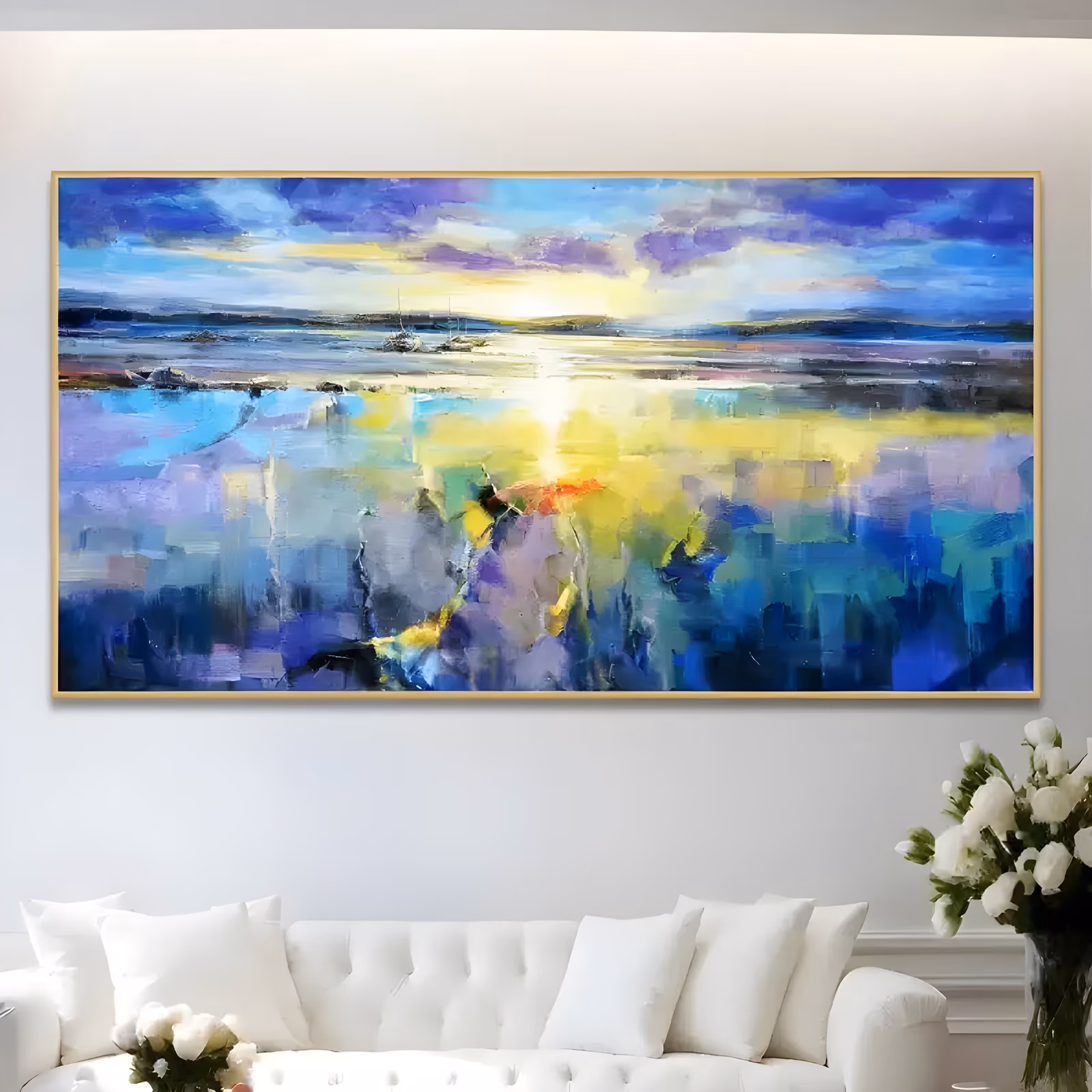 a wide panoramic impressionist painting of the sun low over a broad estuary, a yellow band of light running down the center of the water between cobalt violet and teal palette-knife strokes, in thick oil