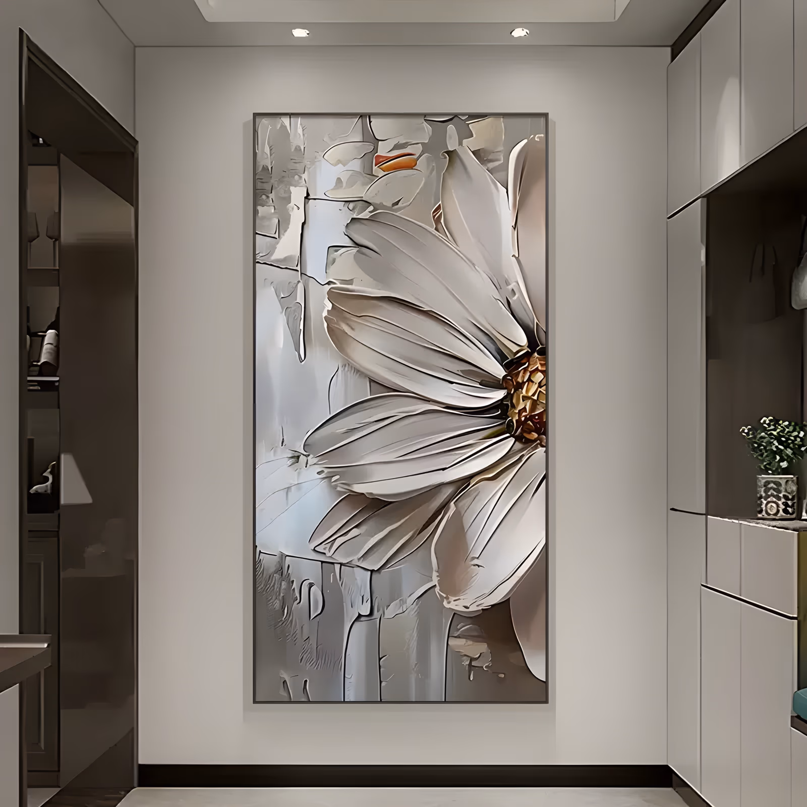 a tall vertical relief painting of one oversized white daisy cropped at the right edge, its long petals fanning left from a gold-brown center, on a gray ground of dripping palette-knife plaster