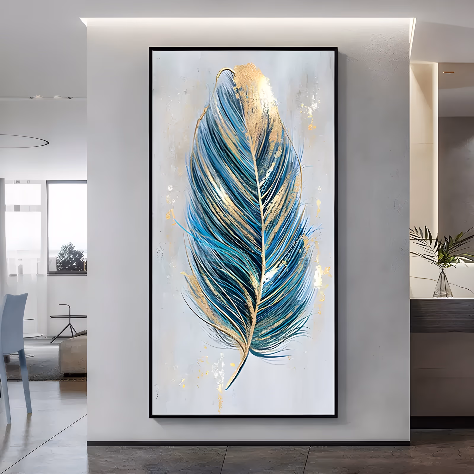a large vertical minimalist painting of one long teal and gold feather standing upright at the center of the frame, its barbs drawn in fine blue and metallic gold lines on a mottled pale gray ground