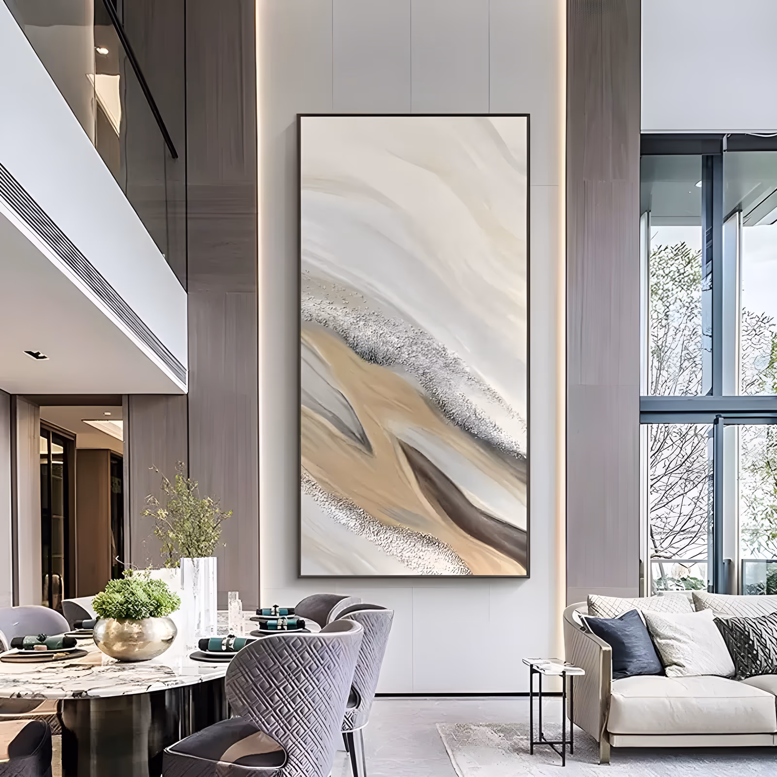 a large tall vertical abstract painting of a cream field with gray marbling, a diagonal sweep of sand, tan and brown rising from the lower left, and a band of silver glitter along the wave's edge, in textured acrylic