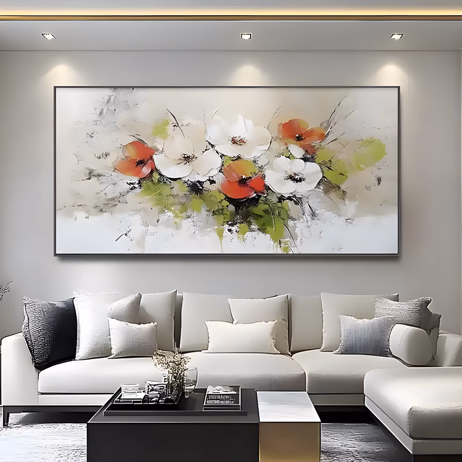 an oversized panoramic floral painting of white and orange-red poppies grouped along the center of a pale gray ground, with lime green leaf splashes and dark ink-like stems, in thick raised impasto