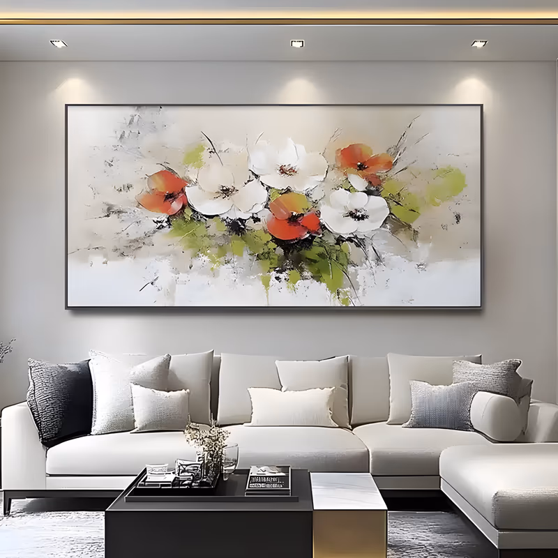 an oversized panoramic floral painting of white and orange-red poppies grouped along the center of a pale gray ground, with lime green leaf splashes and dark ink-like stems, in thick raised impasto