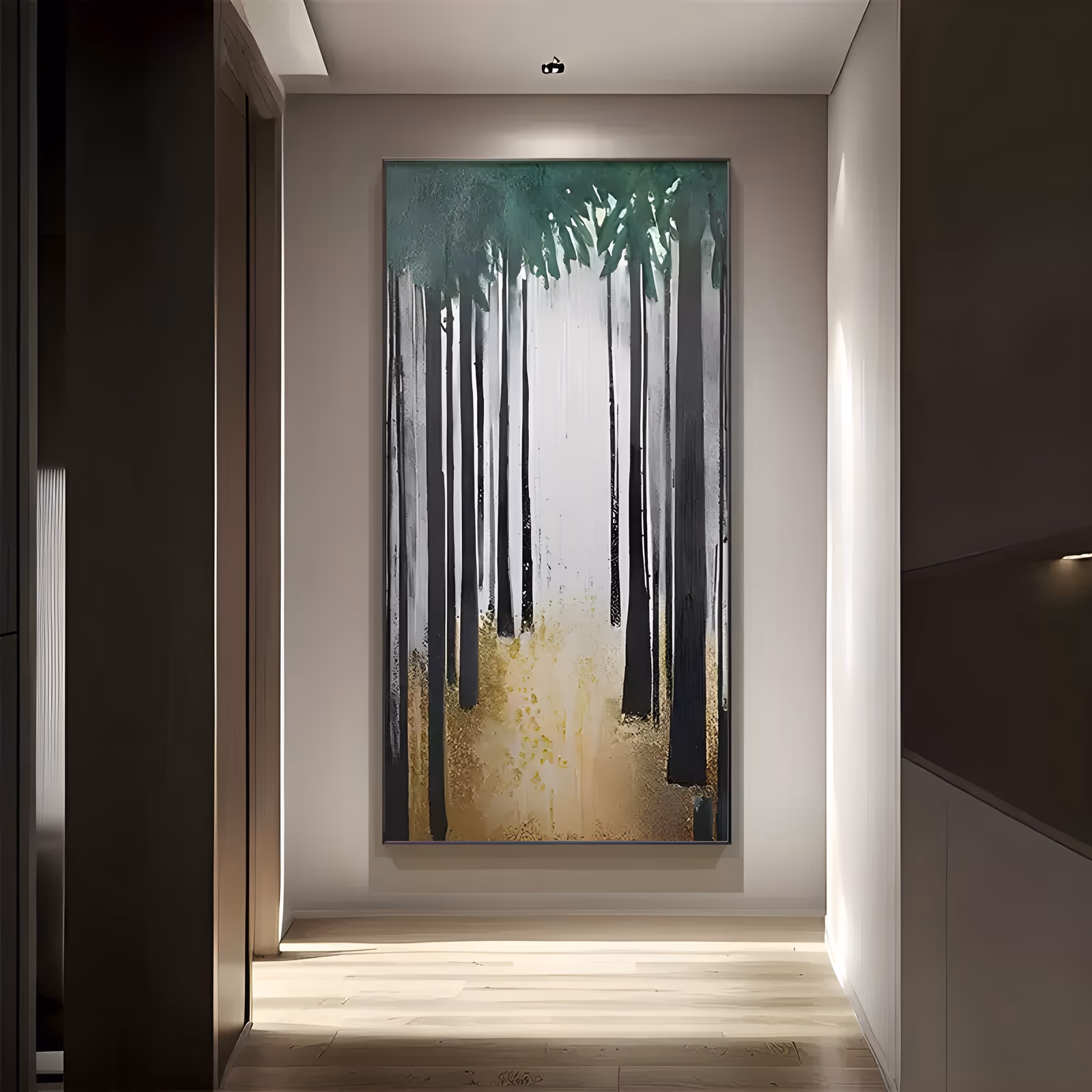 a tall narrow vertical abstract landscape painting of black tree trunks rising through white mist, with a dark green canopy at the top and a gold and cream forest floor below, in thick textured paint
