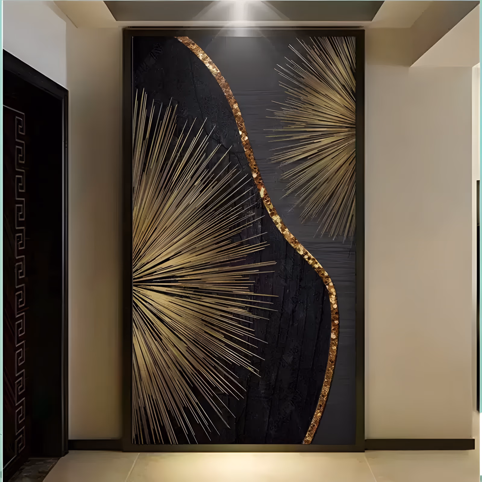 a tall vertical abstract painting of two gold radiating starburst fans on a black wood-grain ground, split by a curving ridge of gold glitter down the center, in fine hand-painted line work