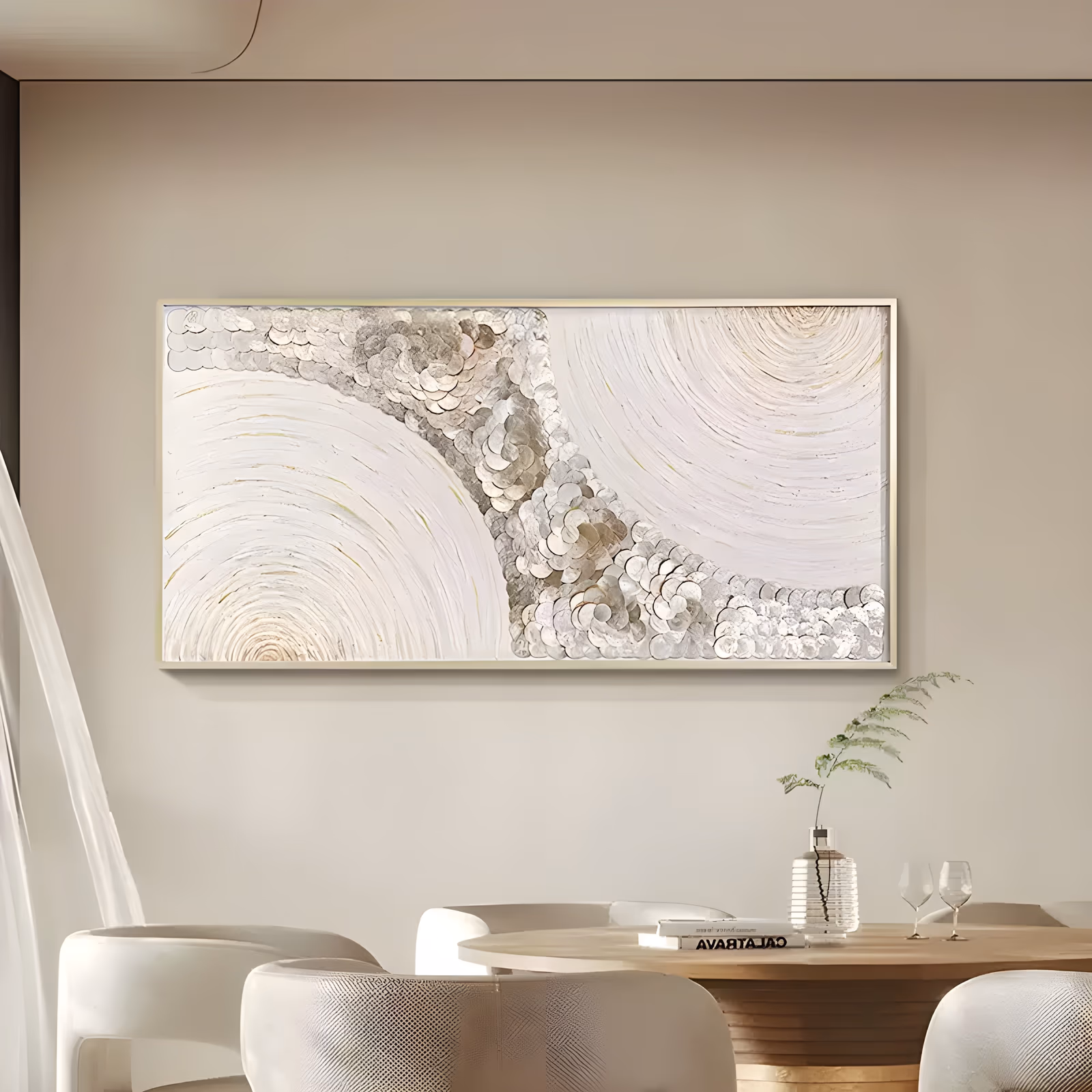 a wide panoramic relief painting of concentric ivory ridges spiraling from two centers, with a diagonal band of overlapping mother-of-pearl shell discs in beige and silver curving between them, in raised plaster