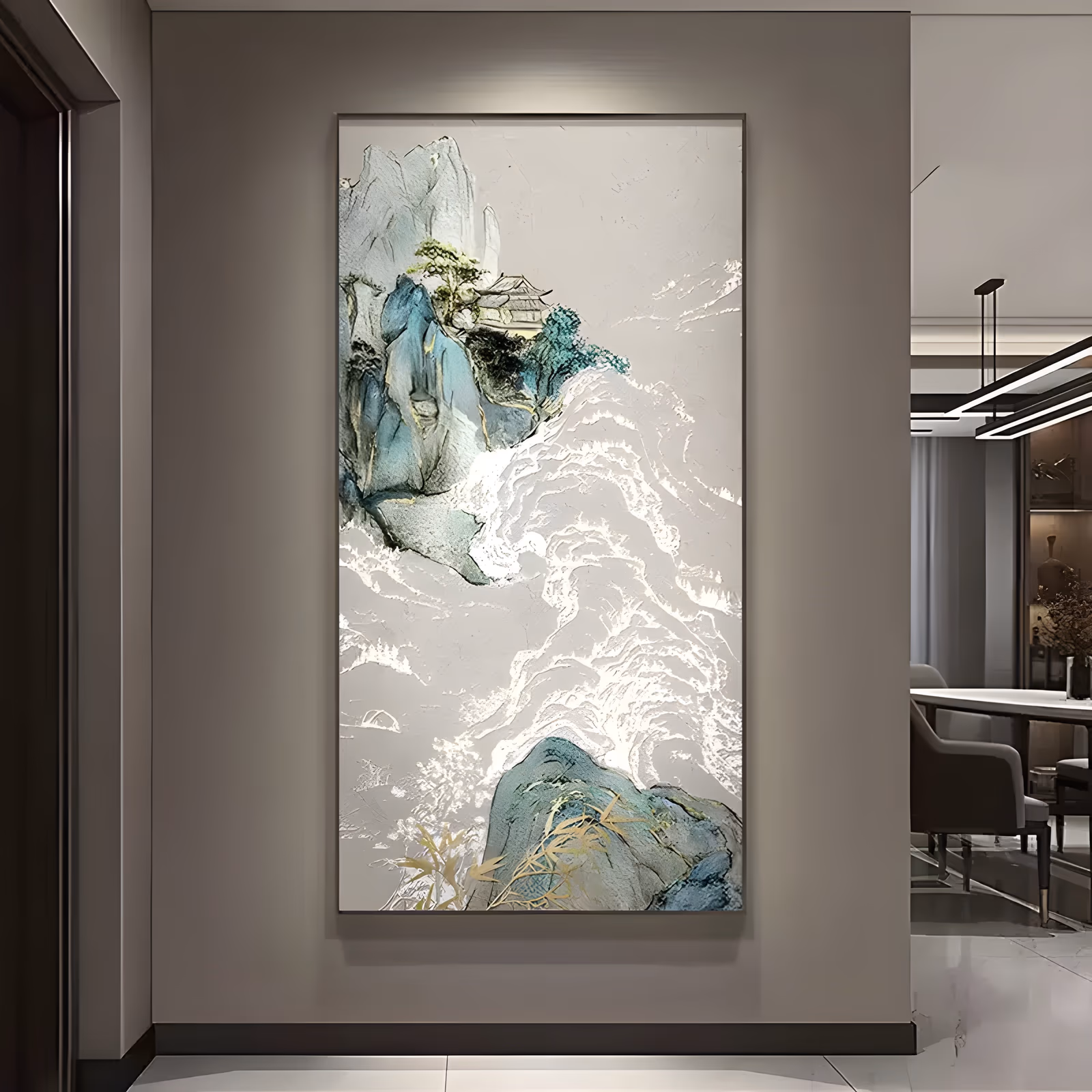 a tall vertical textured painting in Chinese ink style, a teal and green mountain with a small pavilion and pines in the upper left above swirling white clouds carved in raised relief, with gold accents