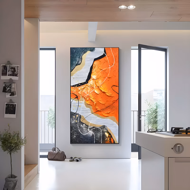 a large vertical abstract canvas of a thick orange ridge running down the center between white plaster-like fields and dark charcoal areas, veined with gold and looping black lines, in heavy relief impasto