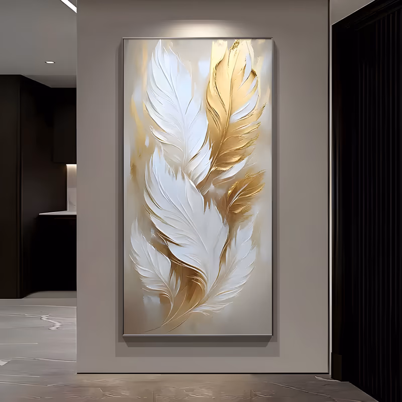 a tall vertical impasto painting of four long feathers, two white and two gold, overlapping down the center of a cream and beige ground, their vanes drawn out in fine ridged strokes of hand-worked oil