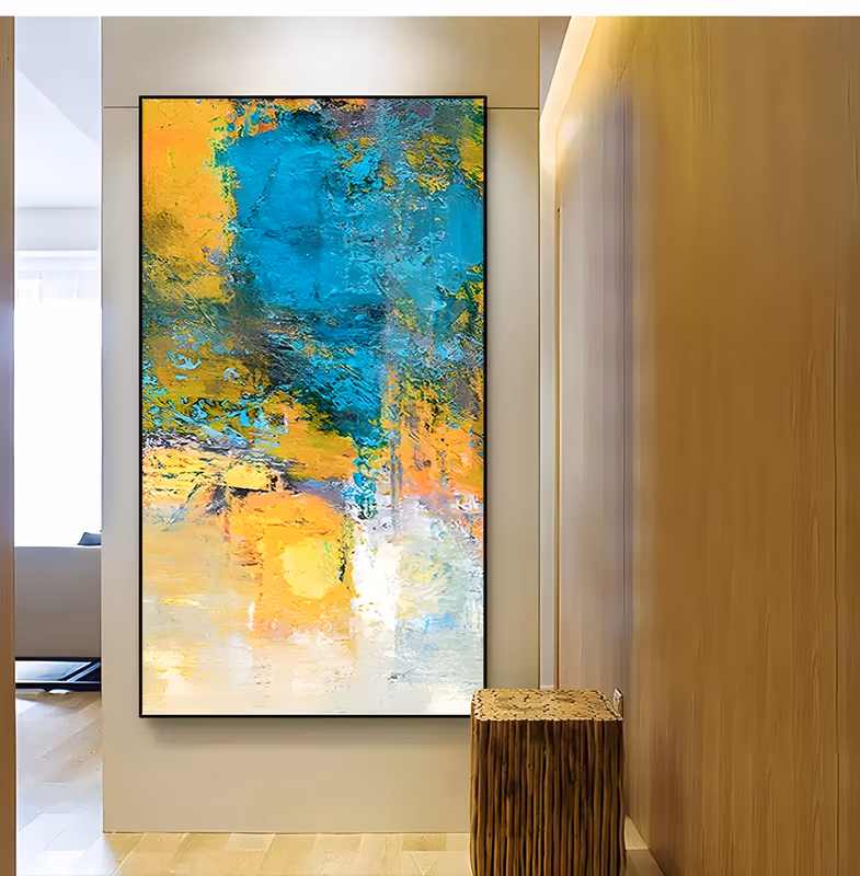 a tall vertical abstract color field painting with a turquoise block at the center, ochre and yellow breaking in from both sides and a pale cream base, built in heavy impasto