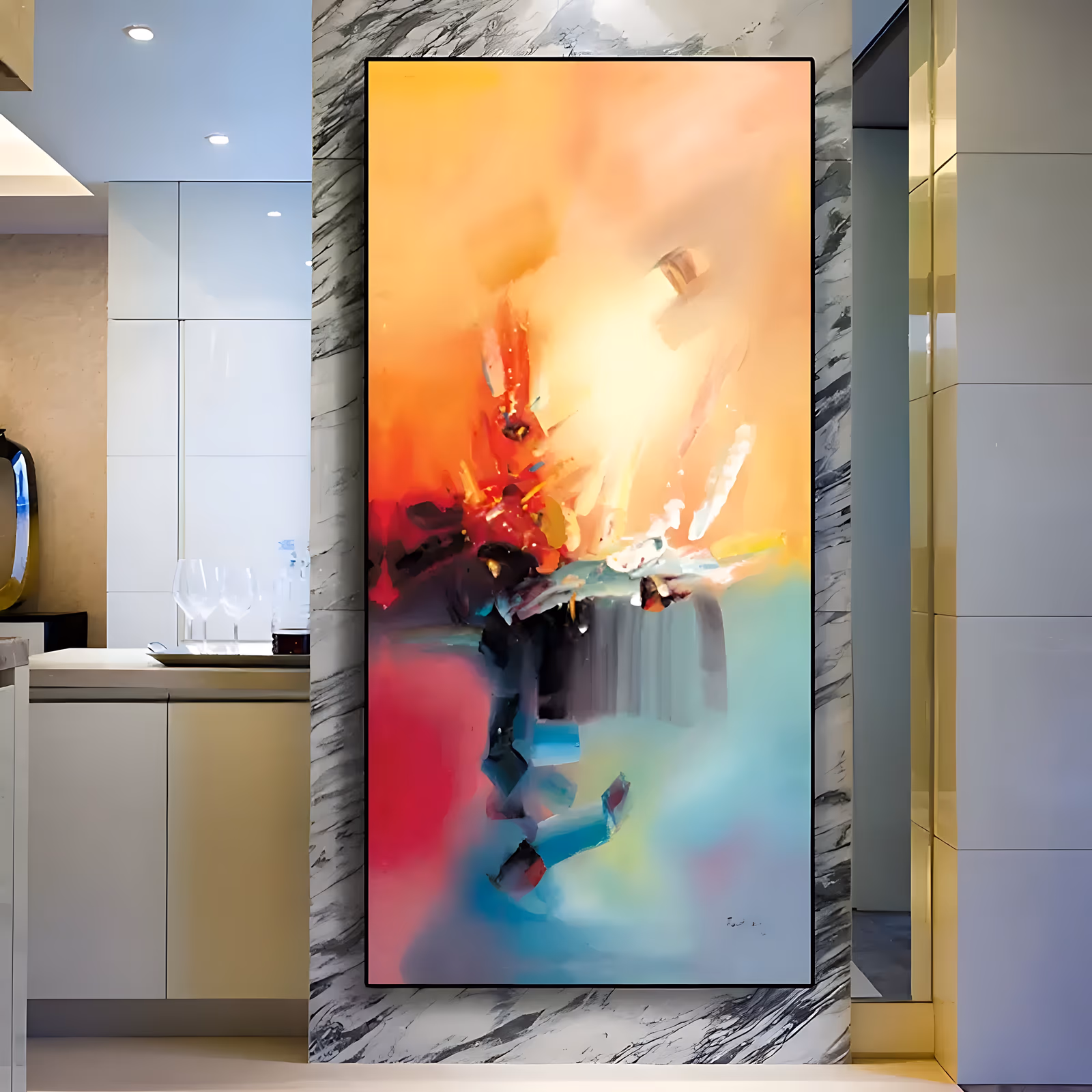 a large vertical abstract painting with a warm orange and yellow glow filling the upper half, a scarlet burst breaking at the center and aqua, pink and dark blue washes spreading below, in softly blended acrylic