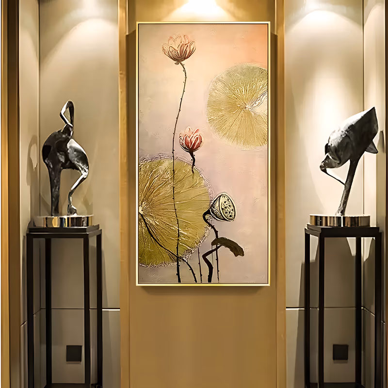 a tall vertical painting of two pink lotus blooms on slender stems with two large gold-green lotus pads and a ripe seed pod at the lower center, on a soft pink-beige ground in textured oil