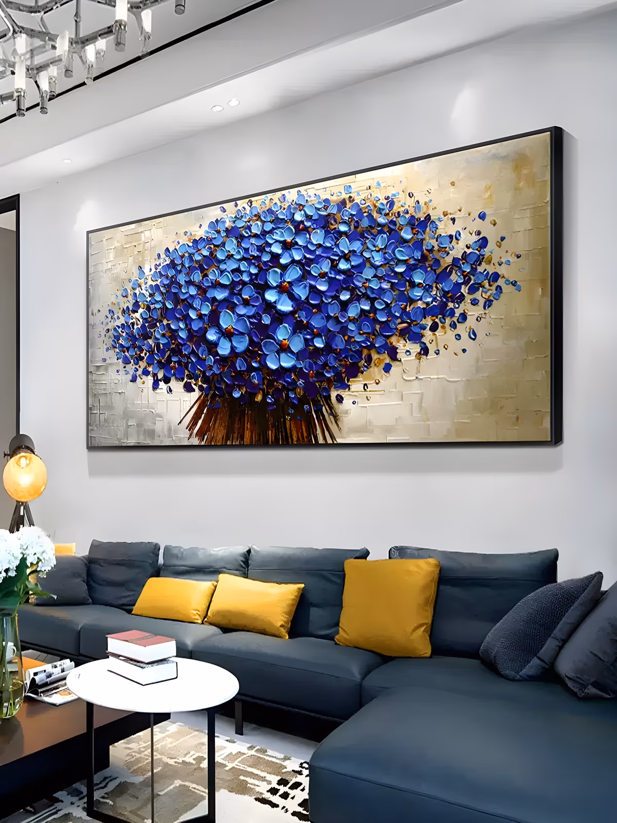a large panoramic impasto painting of a bouquet of vivid cobalt and royal blue blossoms fanning out from a cluster of copper brown stems at the base, on a mottled beige and gold ground, in heavy raised paint
