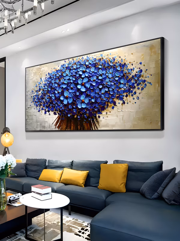 a large panoramic impasto painting of a bouquet of vivid cobalt and royal blue blossoms fanning out from a cluster of copper brown stems at the base, on a mottled beige and gold ground, in heavy raised paint