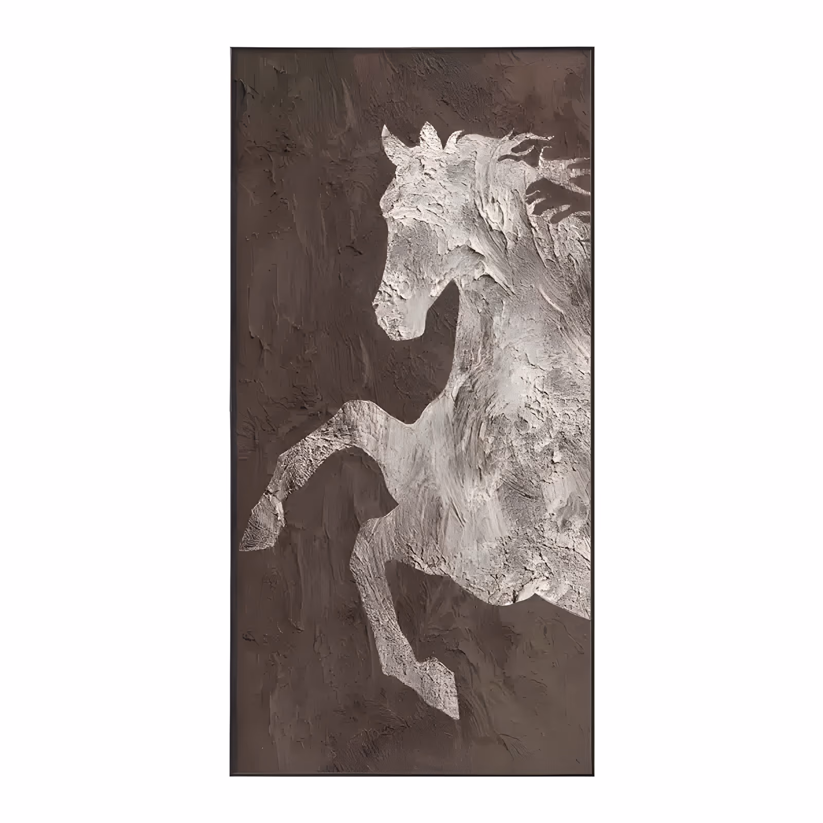 a large vertical relief painting of a rearing horse modeled in white and grey plaster, forelegs lifted and mane flying to the right, standing out from a dark chocolate brown troweled ground, in sculpted paste