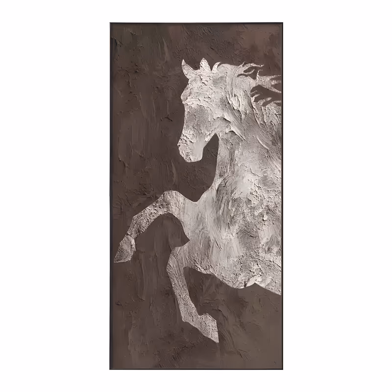 a large vertical relief painting of a rearing horse modeled in white and grey plaster, forelegs lifted and mane flying to the right, standing out from a dark chocolate brown troweled ground, in sculpted paste