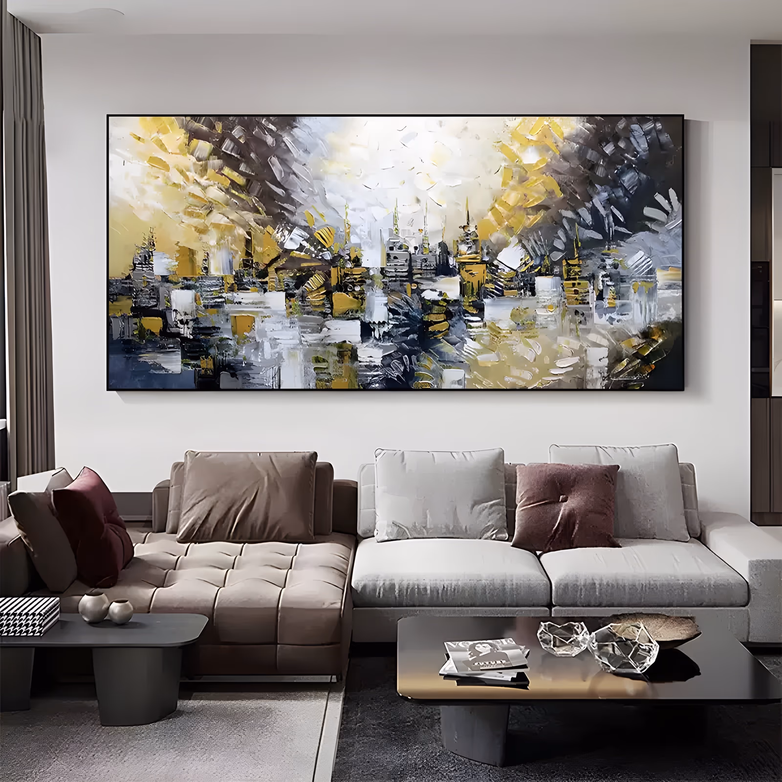 a wide panoramic abstract painting of a city skyline built from yellow, white, gray and black knife strokes, with towers massed in the center and their reflections broken up in water below, in thick impasto